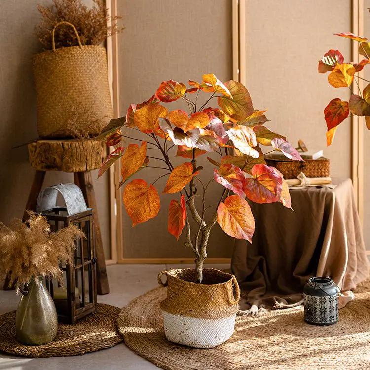 Artificial Silk Red Leaf Banyan Tree In Pot by RusticReach