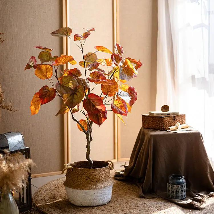Artificial Silk Red Leaf Banyan Tree In Pot by RusticReach