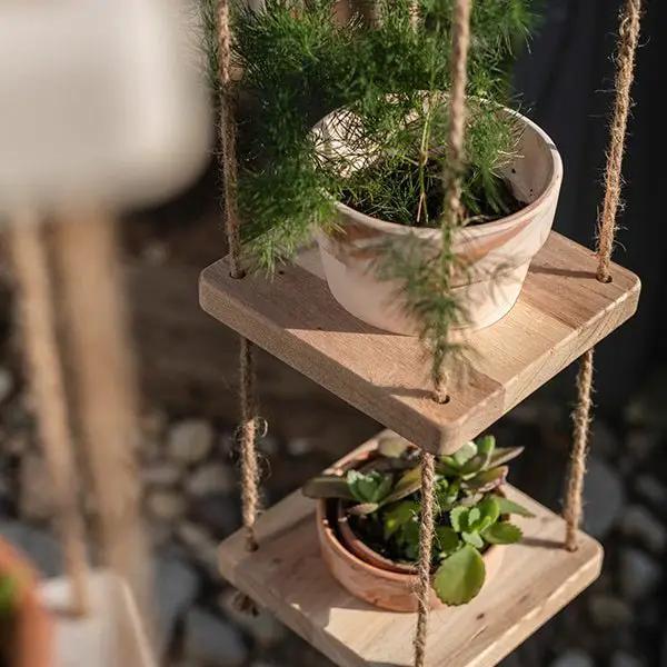 Wooden Rope Hanging Plant Shelf by RusticReach