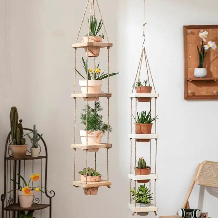 Wooden Rope Hanging Plant Shelf by RusticReach