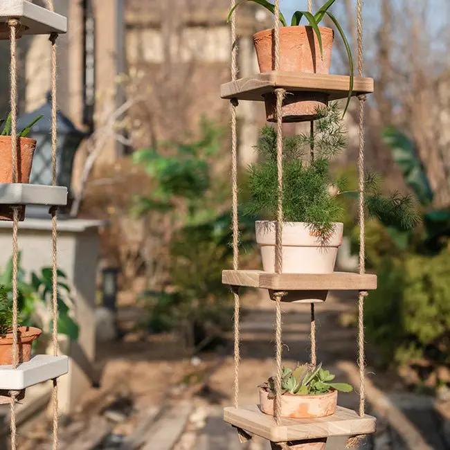 Wooden Rope Hanging Plant Shelf by RusticReach