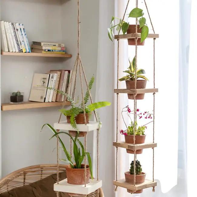 Wooden Rope Hanging Plant Shelf by RusticReach