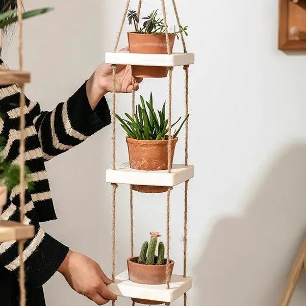 Wooden Rope Hanging Plant Shelf by RusticReach
