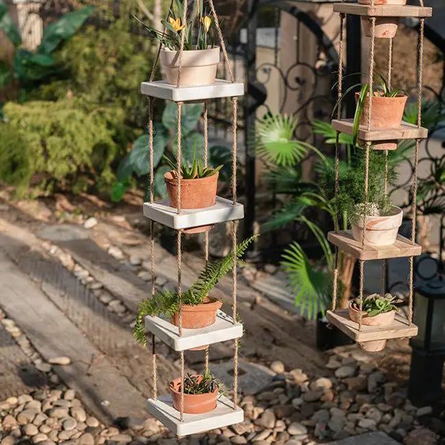 Wooden Rope Hanging Plant Shelf by RusticReach