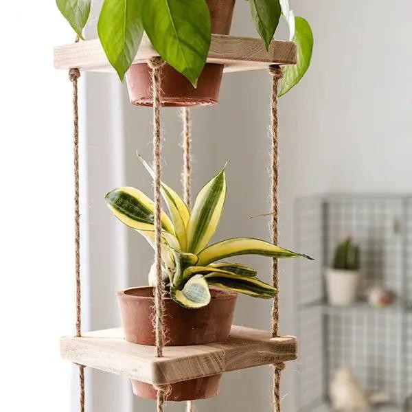 Wooden Rope Hanging Plant Shelf by RusticReach