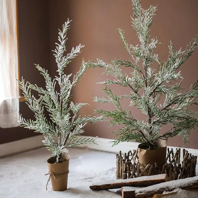 Cedar Fir Tree Snow Flocked Christmas Tree in Paper Wrapped Base by RusticReach
