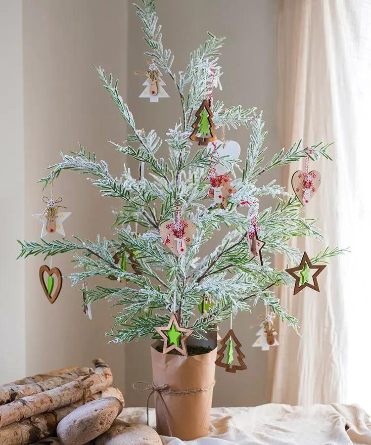 Cedar Fir Tree Snow Flocked Christmas Tree in Paper Wrapped Base by RusticReach