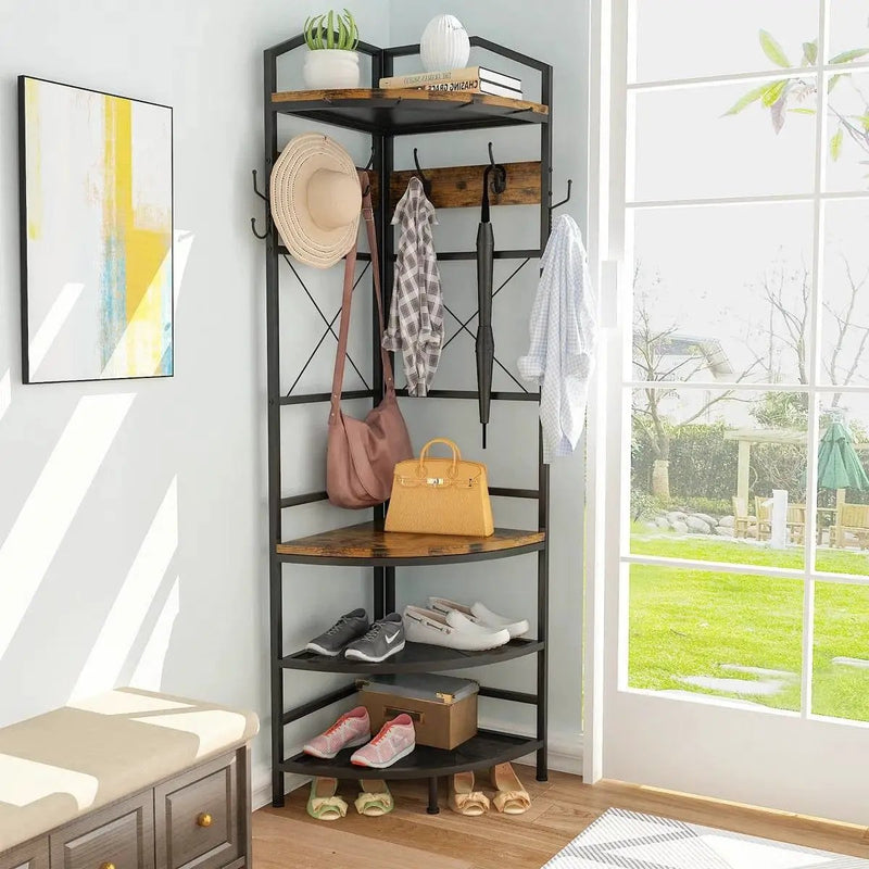 Industrial Metal/Wood Corner Hall Tree Shoe Storage Bench Coat Rack by HomePacific