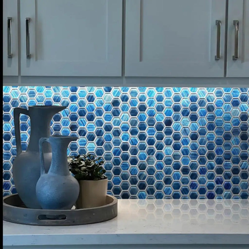 Blue 11x11 Glossy Matte Hexagon Glass Mosaic Tile (5 pack, 4.43 sq ft/case) by Apollo Tile