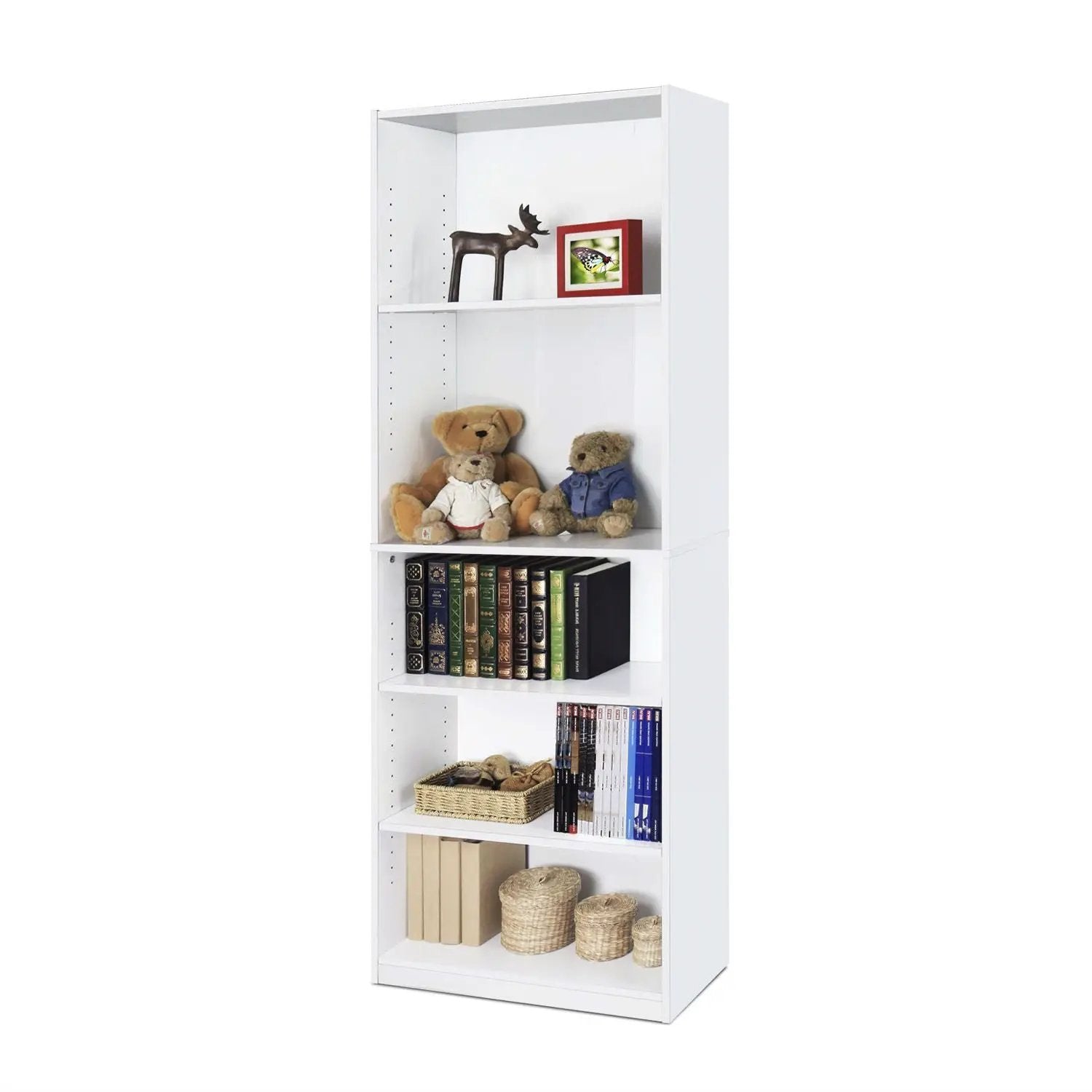 Modern 5-Shelf Bookcase in White Wood Finish by HomePacific
