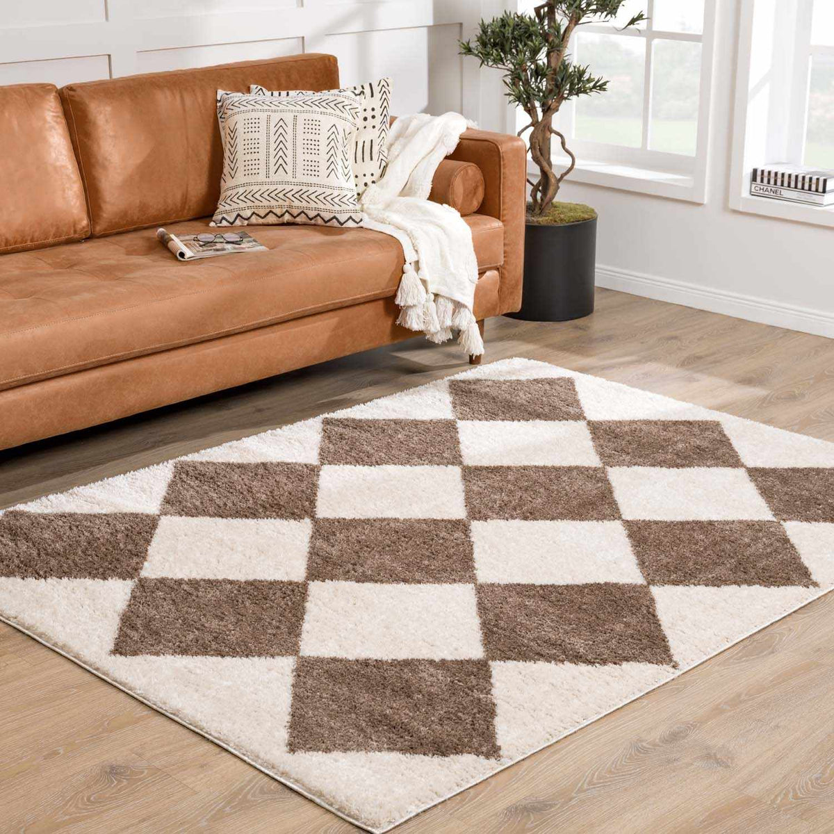 Arilla Brown Washable Diamond Area Rug, installed in a room