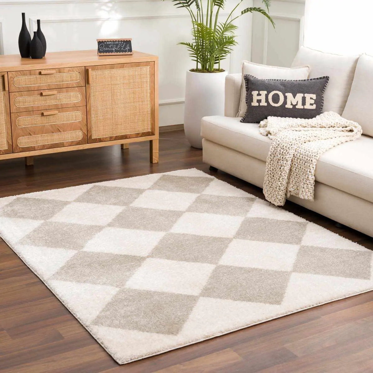 Arilla Gray Washable Diamond Area Rug, installed in a room 2