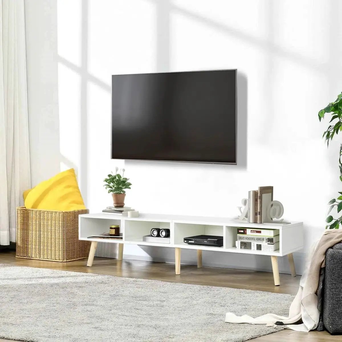 Modern Mid-Century Style TV Stand in White with Wood Legs for TVs up to 65-inch by HomePacific