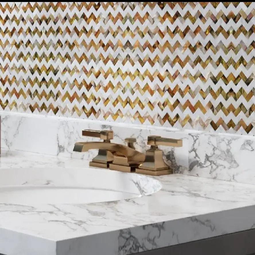 Brown White 11x11 Polished Herringbone Shell Mother of Pearl Mosaic Tile (20 pack, 17.27 sq ft/case) by Apollo Tile