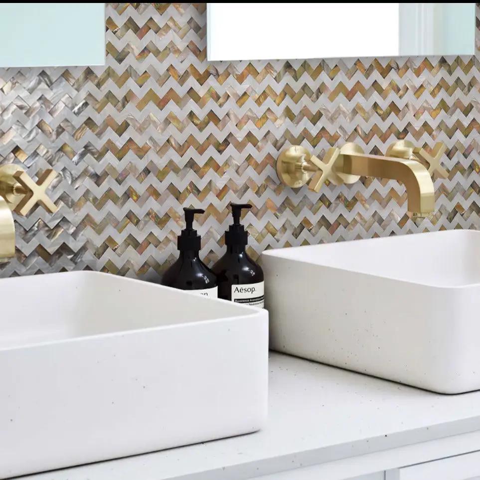 Brown White 11x11 Polished Herringbone Shell Mother of Pearl Mosaic Tile (20 pack, 17.27 sq ft/case) by Apollo Tile