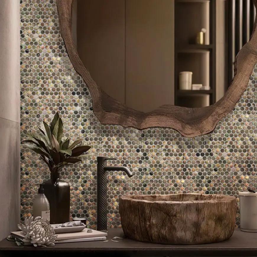 Beige Brown 12x12 Polished Penny Round Shell Mother of Pearl Mosaic Tile (20 pack, 18.37 sq ft/case) by Apollo Tile