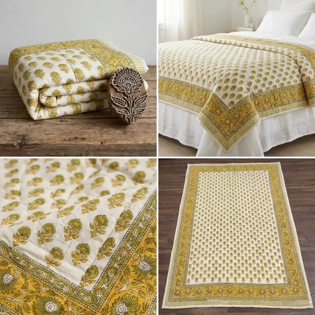 House of Avana Cream & Mustard Yellow Floral Jaipur Indian Hand Block Print Quilted Comforter by House Of Avana