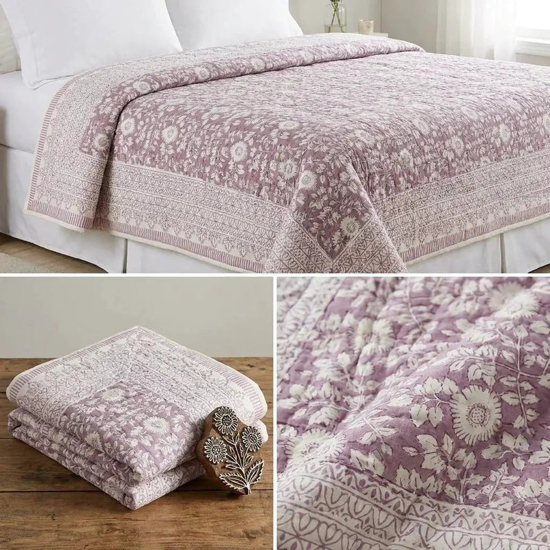 House of Avana Cream & Sage Green Floral Jaipur Indian Hand Block Print Quilted Comforter by House Of Avana