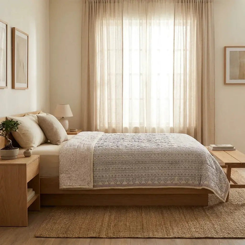 House of Avana Cream & Sage Green Floral Jaipur Indian Hand Block Print Quilted Comforter by House Of Avana
