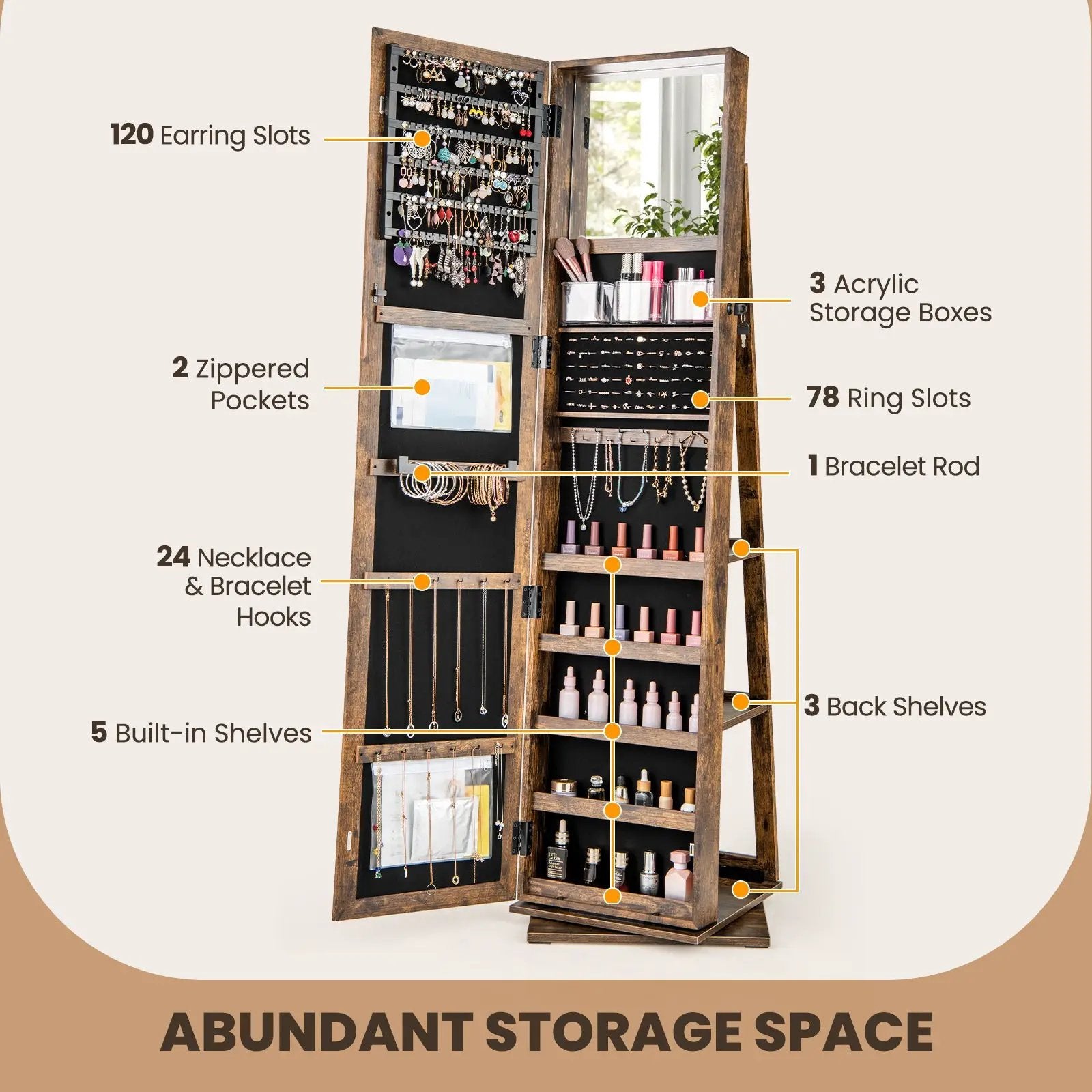 360¬∞ Swivel Jewelry Armoire Standing Jewelry Organizer with Full Length Mirror and Back Shelves by DirectDeals