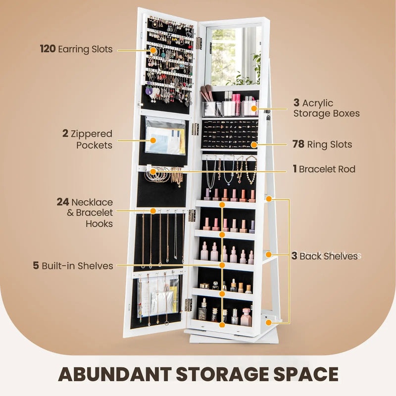 360¬∞ Swivel Jewelry Armoire Standing Jewelry Organizer with Full Length Mirror and Back Shelves by DirectDeals