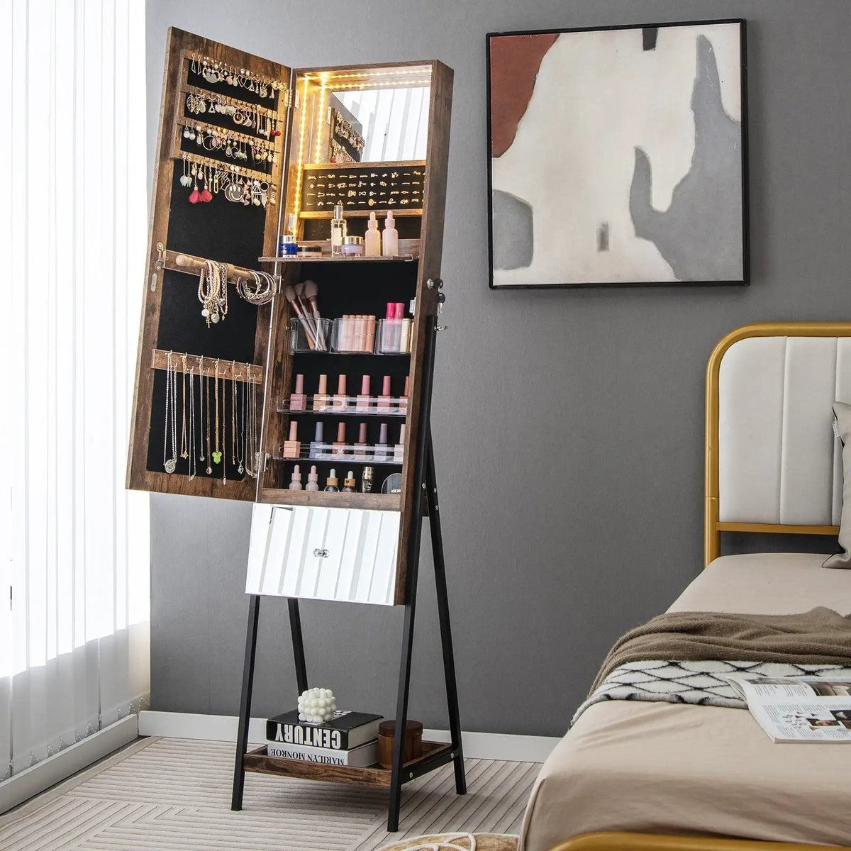 Lockable Freestanding Jewelry Organizer with Full-Length Frameless Mirror