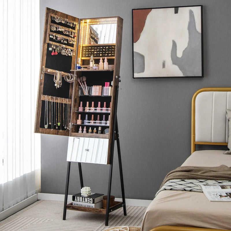 Lockable Freestanding Jewelry Organizer with Full-Length Frameless Mirror by DirectDeals