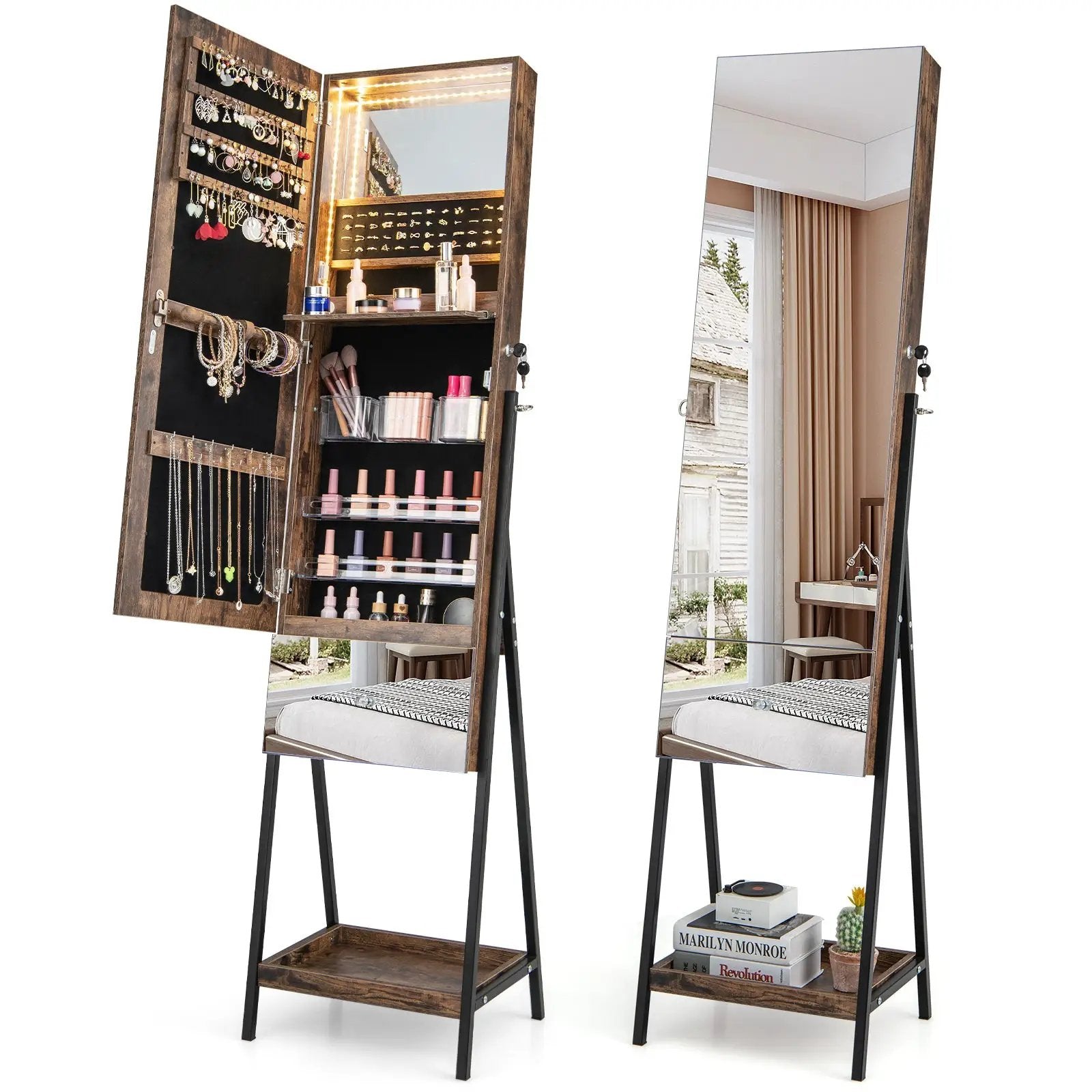 Lockable Freestanding Jewelry Organizer with Full-Length Frameless Mirror by DirectDeals