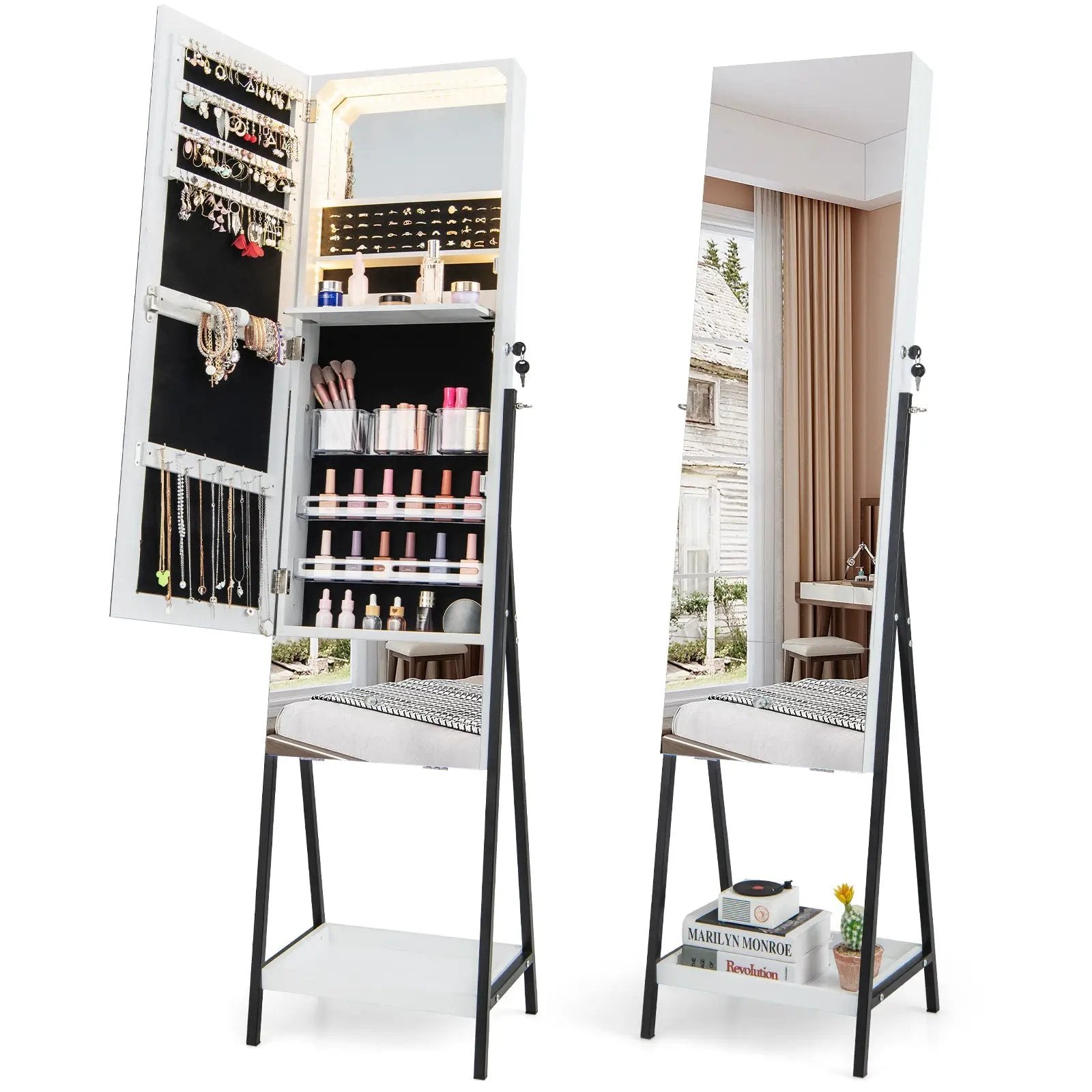 Lockable Freestanding Jewelry Organizer with Full-Length Frameless Mirror by DirectDeals