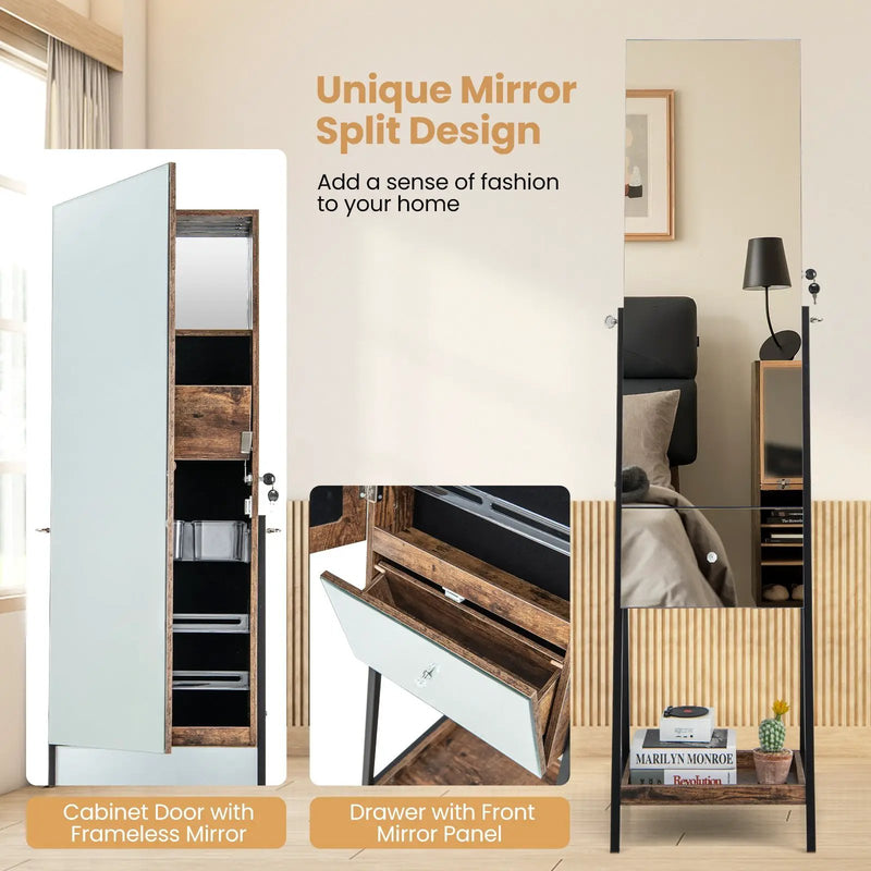 Lockable Freestanding Jewelry Organizer with Full-Length Frameless Mirror by DirectDeals