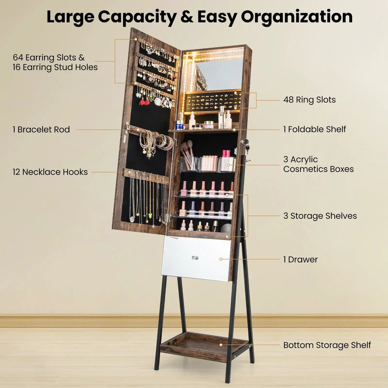 Lockable Freestanding Jewelry Organizer with Full-Length Frameless Mirror by DirectDeals