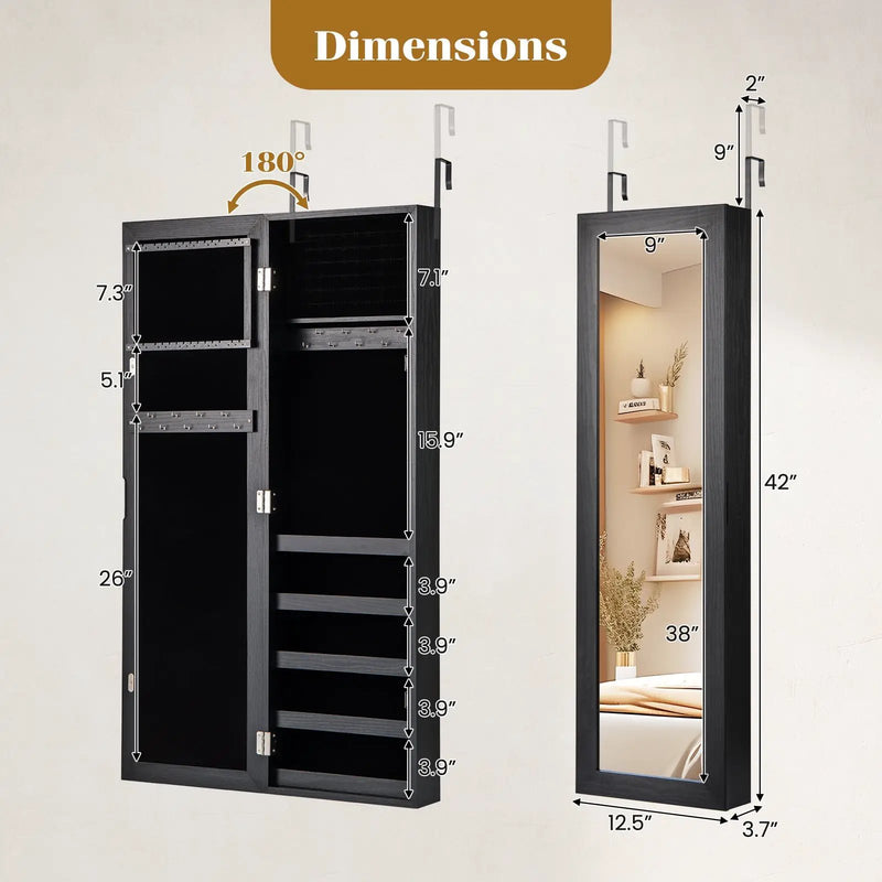 Jewelry Cabinet Wall or Door Mounted Jewelry Armoire with Full-Length Mirror-Black by DirectDeals