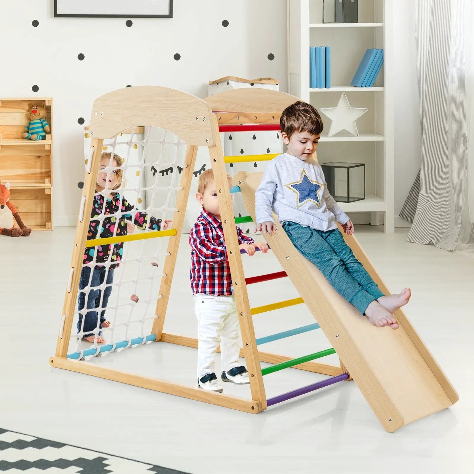 6-in-1 Jungle Gym Wooden Indoor Playground with Double-Sided Ramp and Monkey Bars by DirectDeals