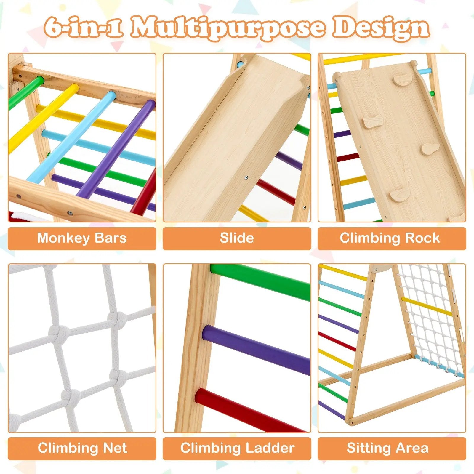 6-in-1 Jungle Gym Wooden Indoor Playground with Double-Sided Ramp and Monkey Bars by DirectDeals