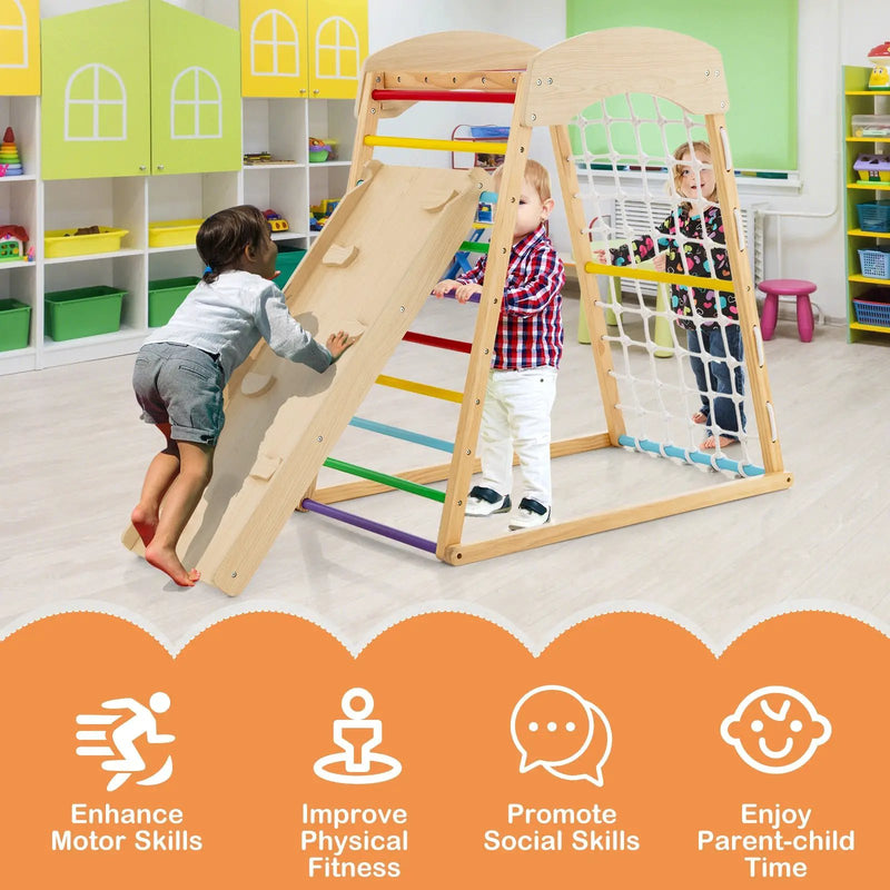 6-in-1 Jungle Gym Wooden Indoor Playground with Double-Sided Ramp and Monkey Bars by DirectDeals