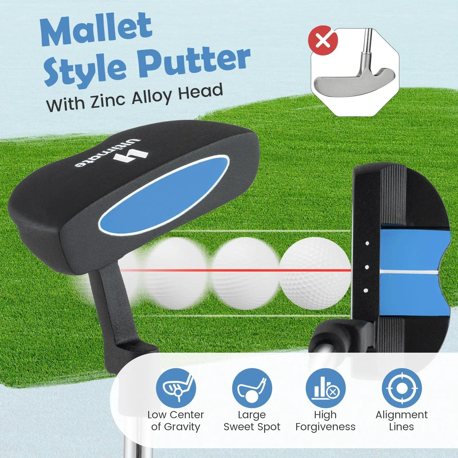 Junior Mallet Putter Individual Gold Club for Kids Ages 11-14 by DirectDeals