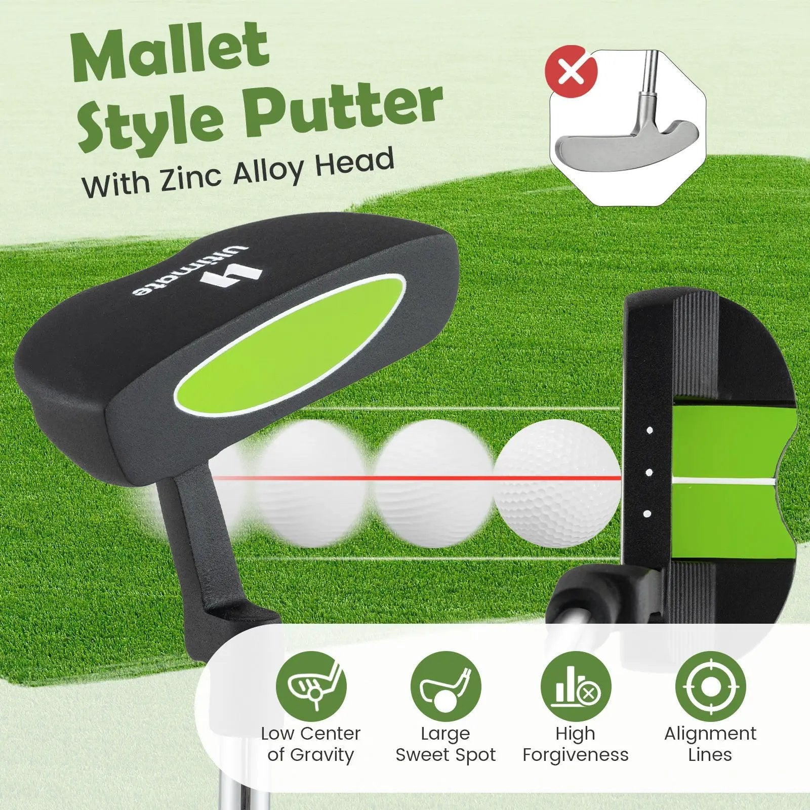 Junior Mallet Putter Individual Gold Club for 8-10 years old Kids by DirectDeals
