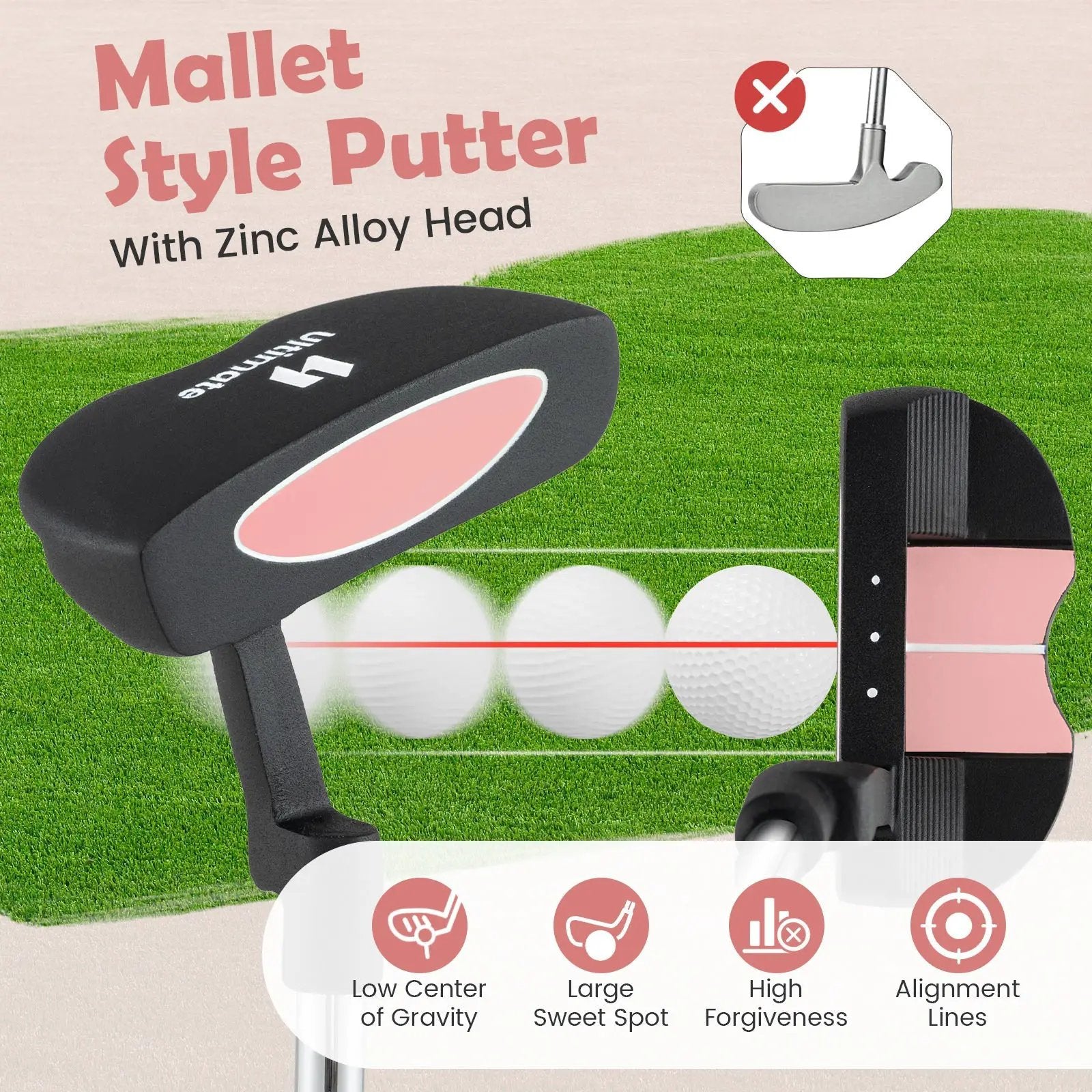Junior Mallet Putter Individual Gold Club for Kids Ages 11-14 by DirectDeals