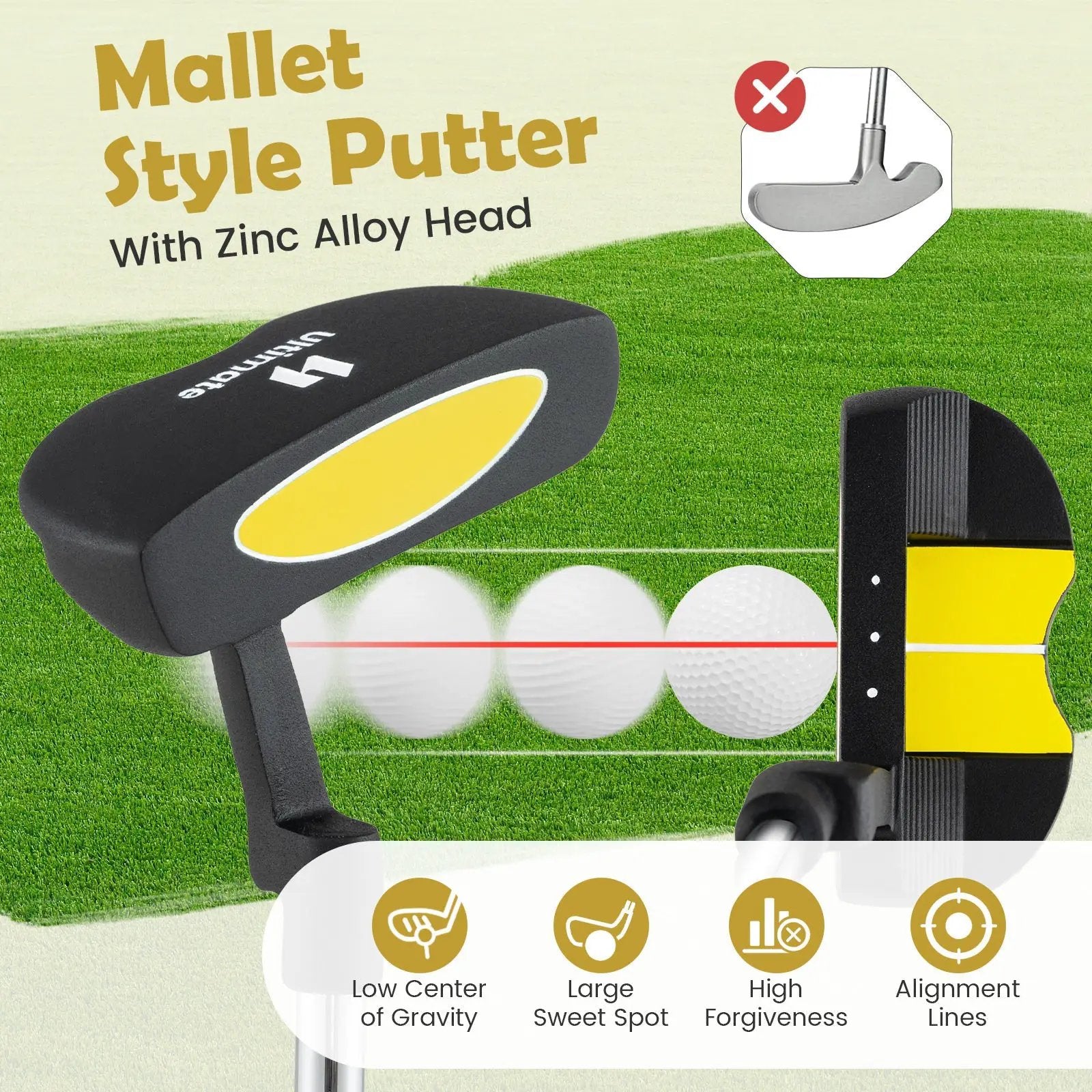 Junior Mallet Putter Individual Gold Club for 8-10 years old Kids by DirectDeals