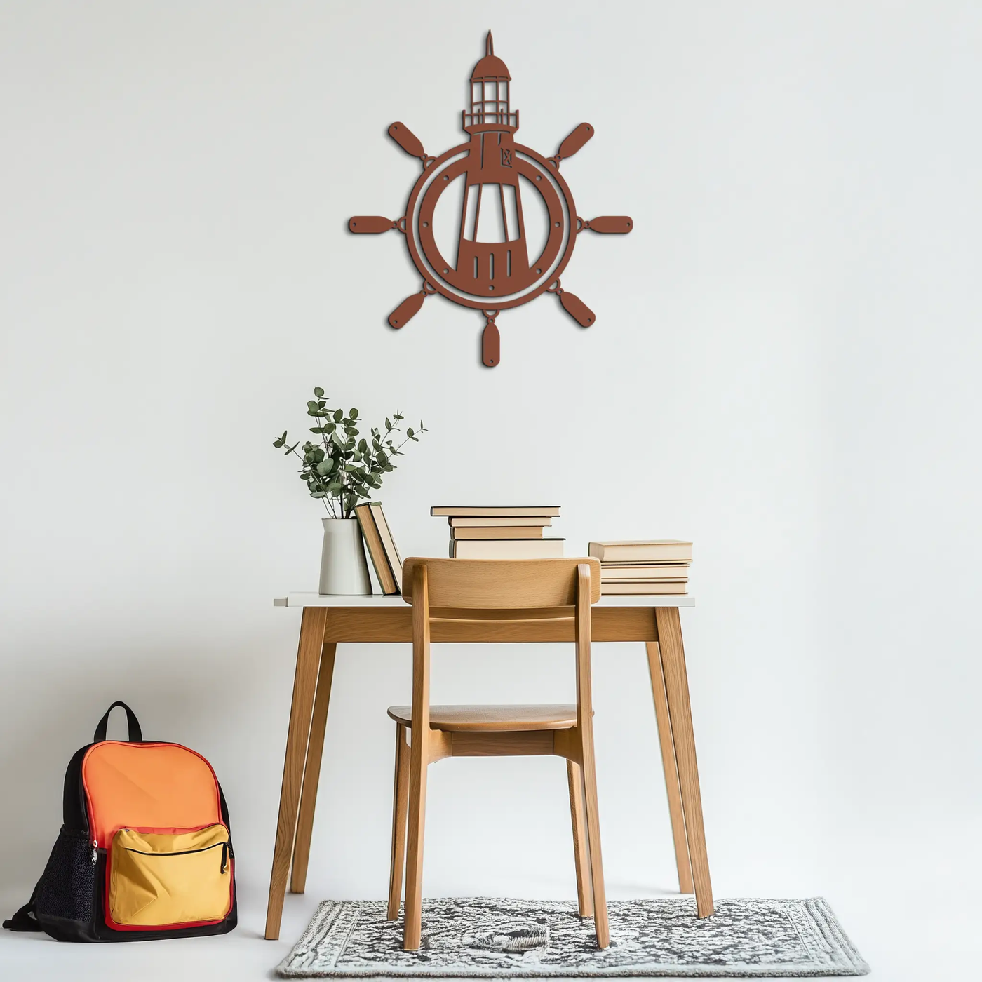 Lighthouse and Ship Wheel Metal Wall Art - Nautical Steel Wall Decor - KAF028 by Enova Art