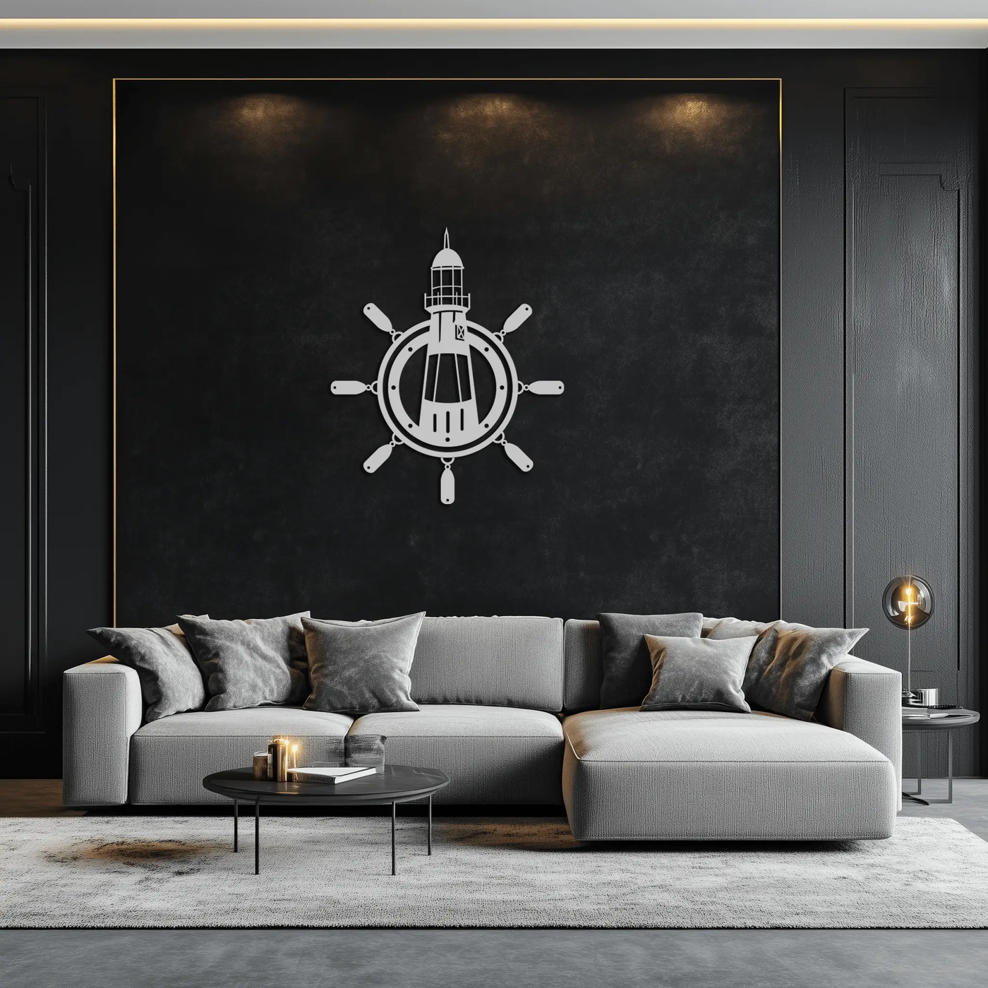Lighthouse and Ship Wheel Metal Wall Art - Nautical Steel Wall Decor - KAF028 by Enova Art