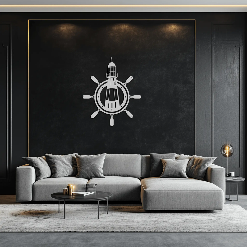 Lighthouse and Ship Wheel Metal Wall Art - Nautical Steel Wall Decor - KAF028 by Enova Art