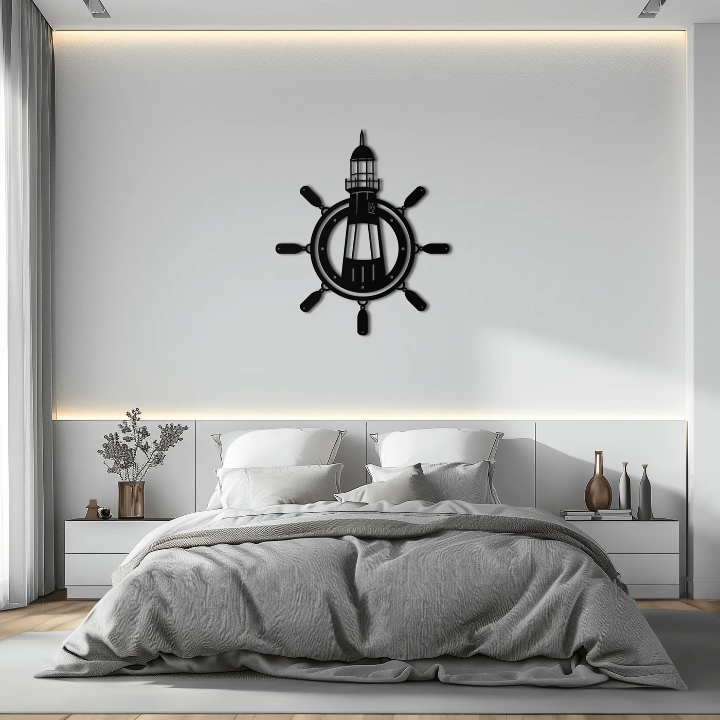 Lighthouse and Ship Wheel Metal Wall Art - Nautical Steel Wall Decor - KAF028 by Enova Art