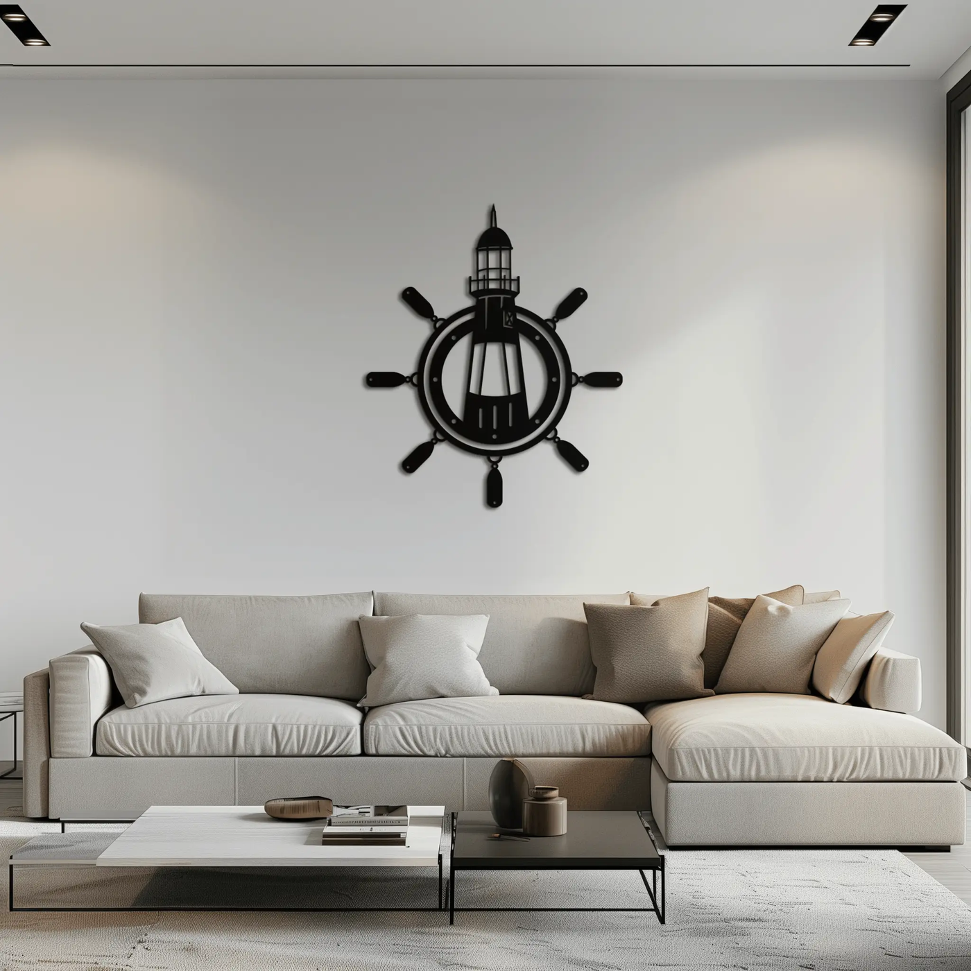 Lighthouse and Ship Wheel Metal Wall Art - Nautical Steel Wall Decor - KAF028 by Enova Art