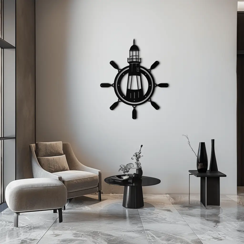 Lighthouse and Ship Wheel Metal Wall Art - Nautical Steel Wall Decor - KAF028 by Enova Art