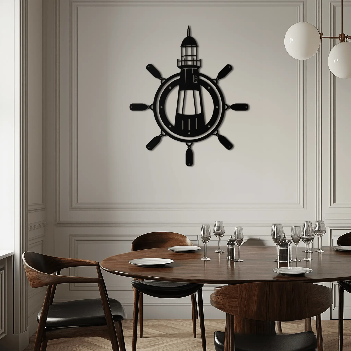 Lighthouse and Ship Wheel Metal Wall Art - Nautical Steel Wall Decor - KAF028 by Enova Art
