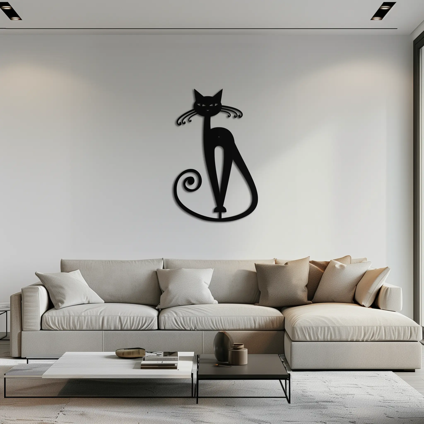 Elegant Cat Metal Wall Art - Geometric Black Metal Wall Sculpture - KAF052 by Enova Art