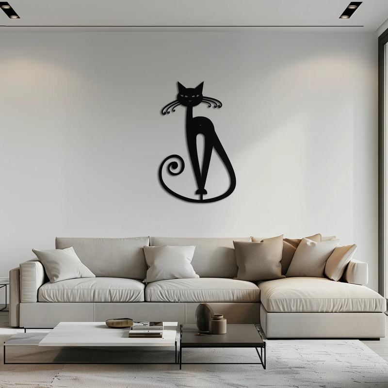 Elegant Cat Metal Wall Art - Geometric Black Metal Wall Sculpture - KAF052 by Enova Art
