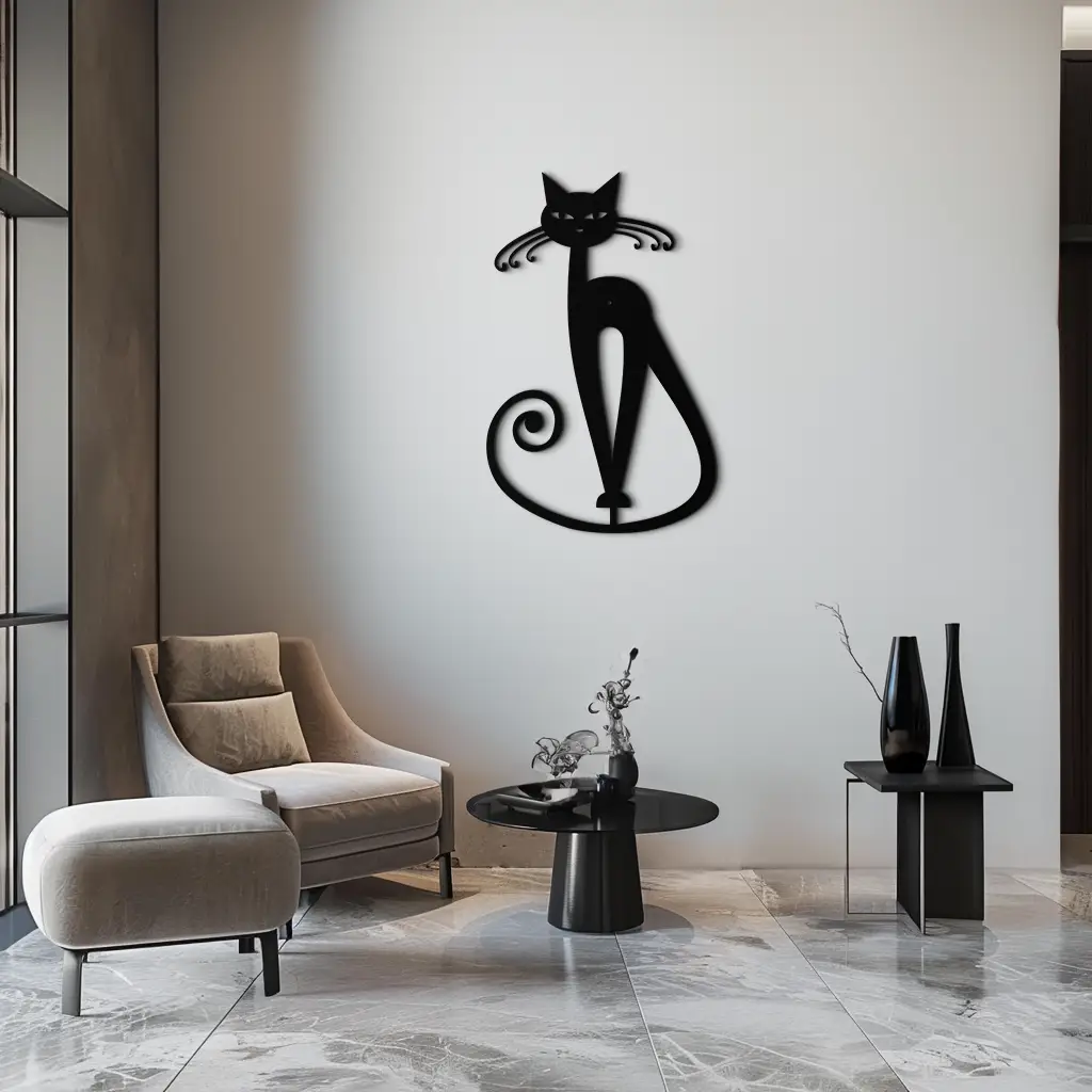 Elegant Cat Metal Wall Art - Geometric Black Metal Wall Sculpture - KAF052 by Enova Art