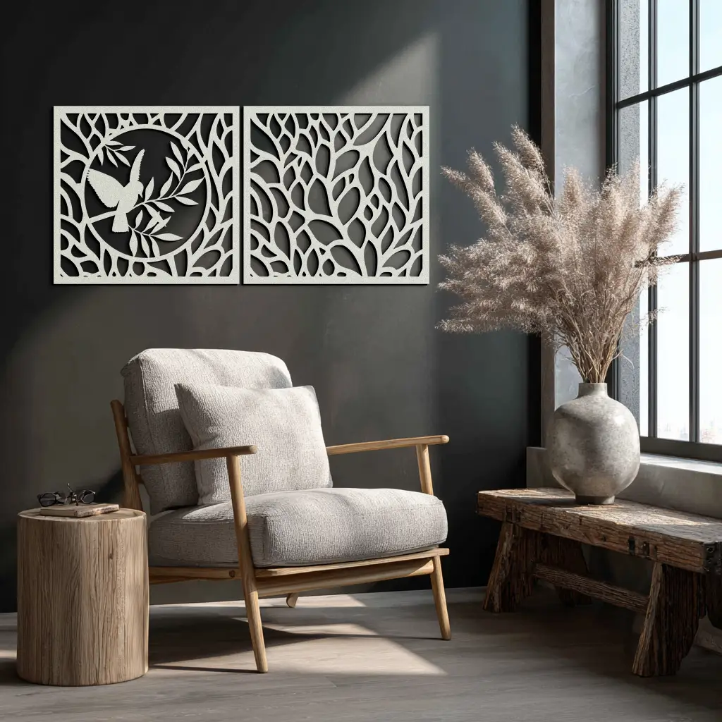 Hummingbird & Leaves Metal Wall Art - Elegant Dual Panel Steel Decor - KAF054 by Enova Art